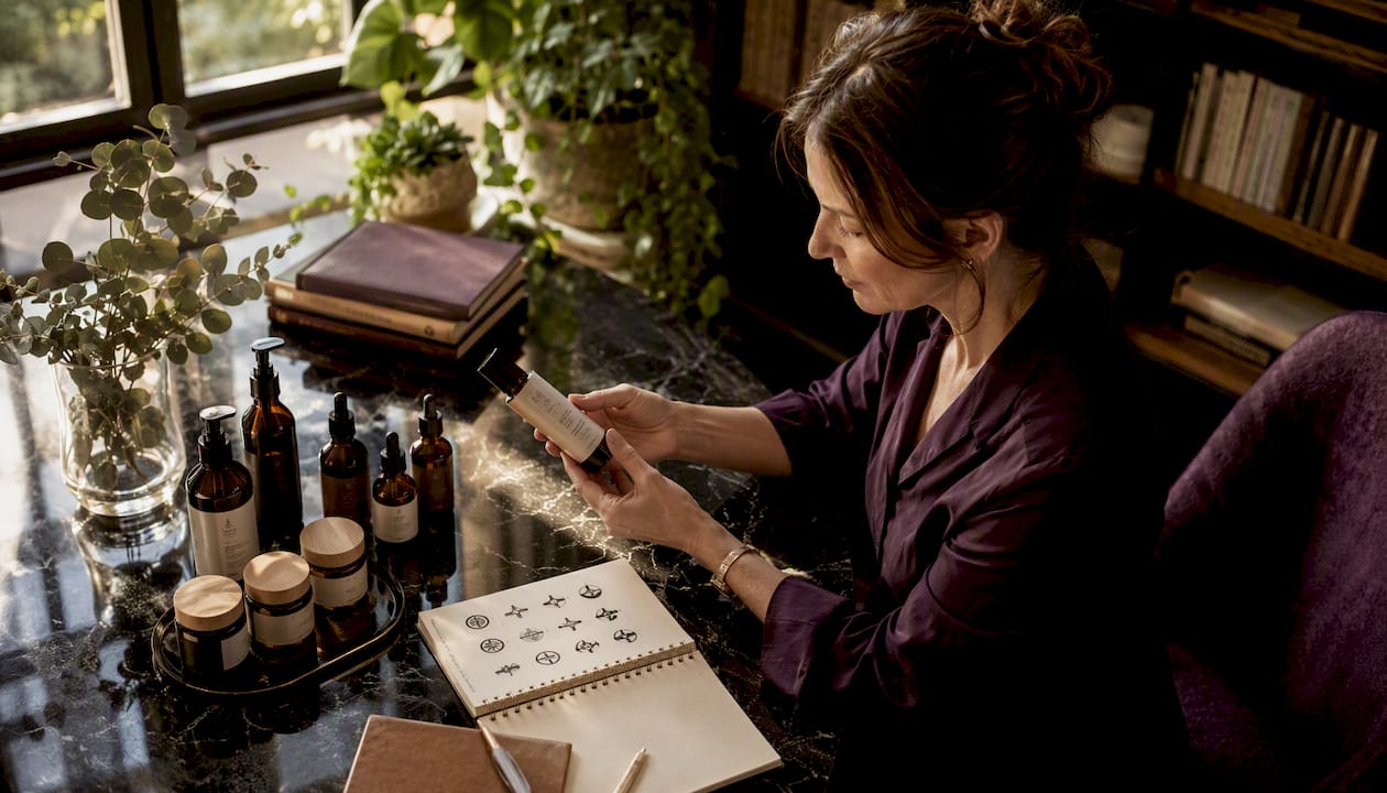 Des mains scrutent attentivement les étiquettes écologiques sur des produits de beauté.