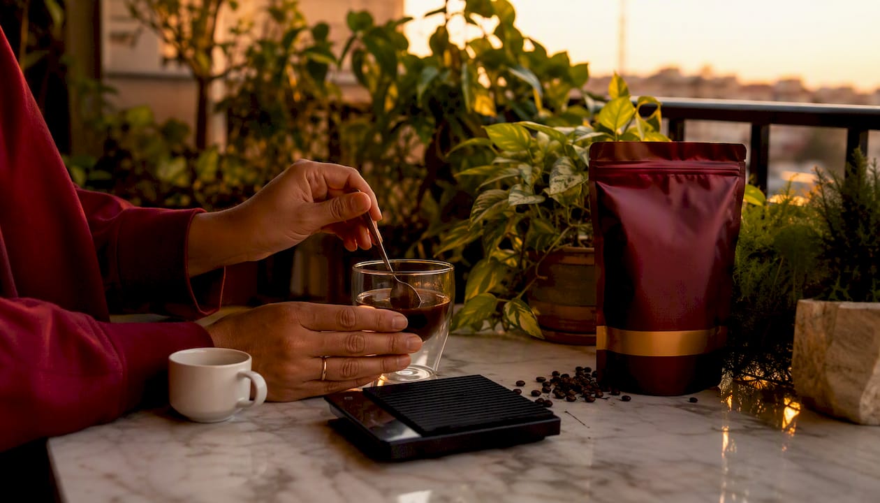 Hands mixing instant espresso powder