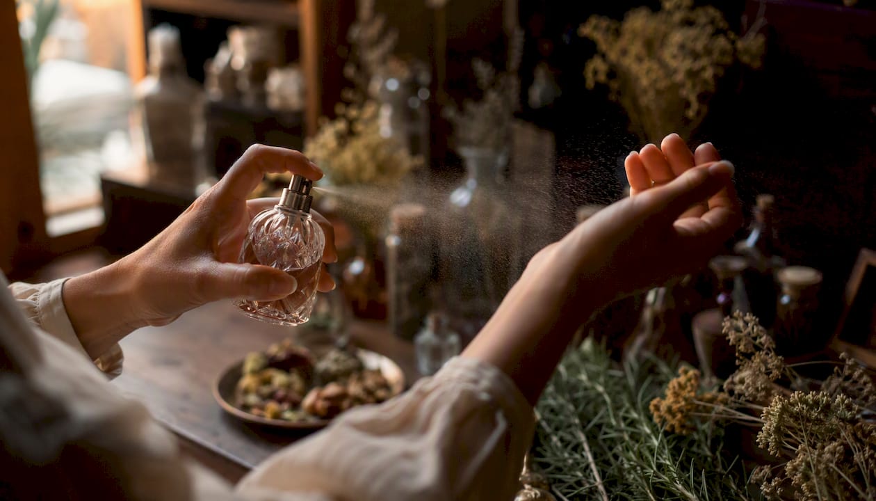 Manos rociando perfume artesanal como parte de un ritual