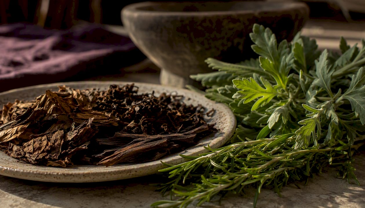 Hojas de tabaco secas y hierbas aromáticas dispuestas en un plato