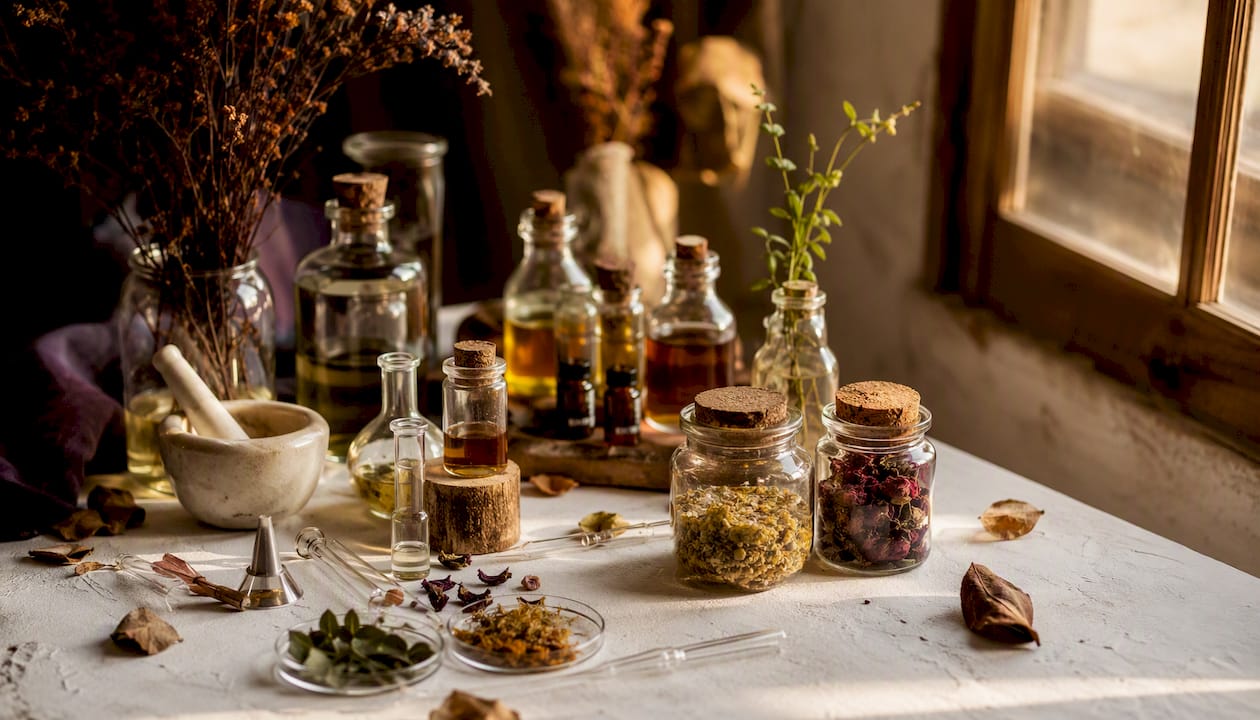 Herramientas para extracción y plantas medicinales sobre la mesa