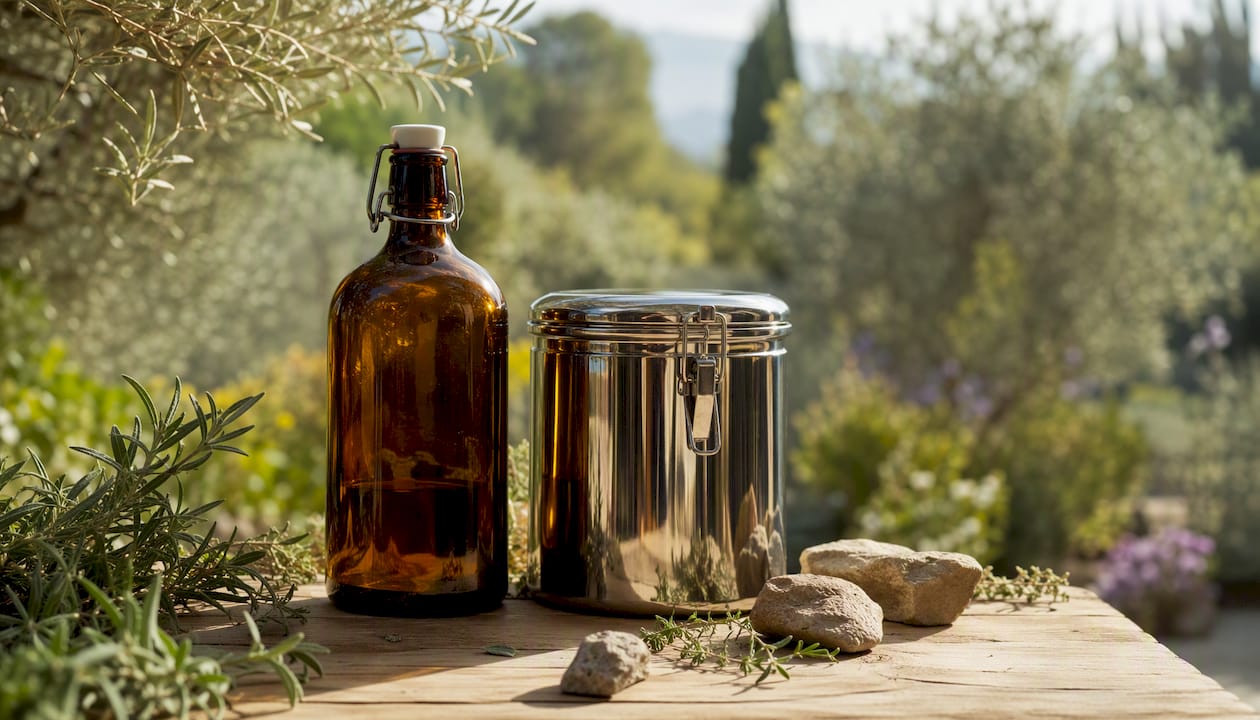 Bouteille en verre ambré et récipient en acier inoxydable