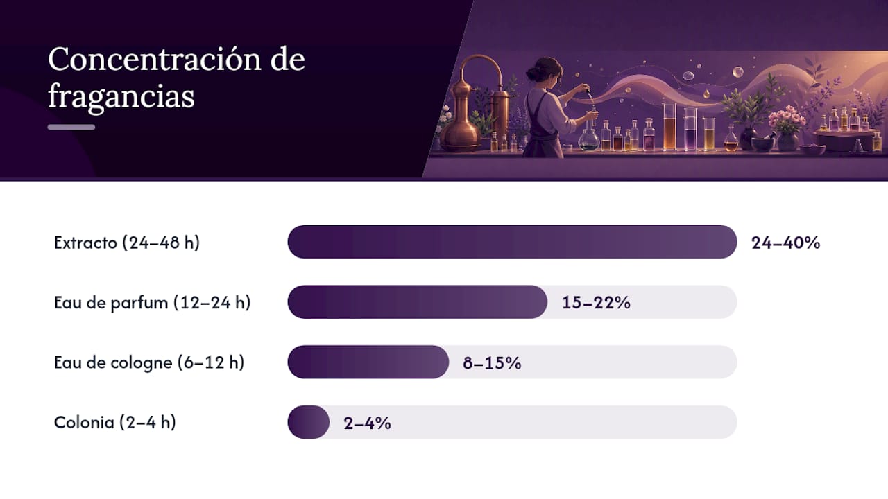 Infografía comparativa sobre la concentración y duración de los perfumes