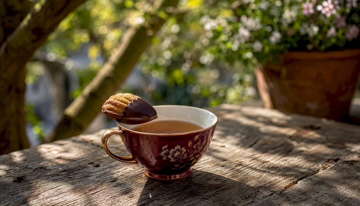 Une tasse de thé accompagnée d'une madeleine, posée sur une table en bois.
