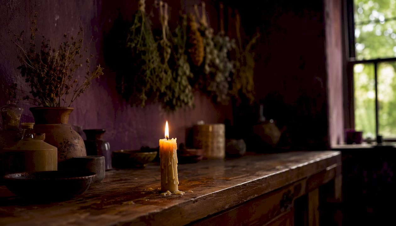 Lit beeswax candle flickering in dim room