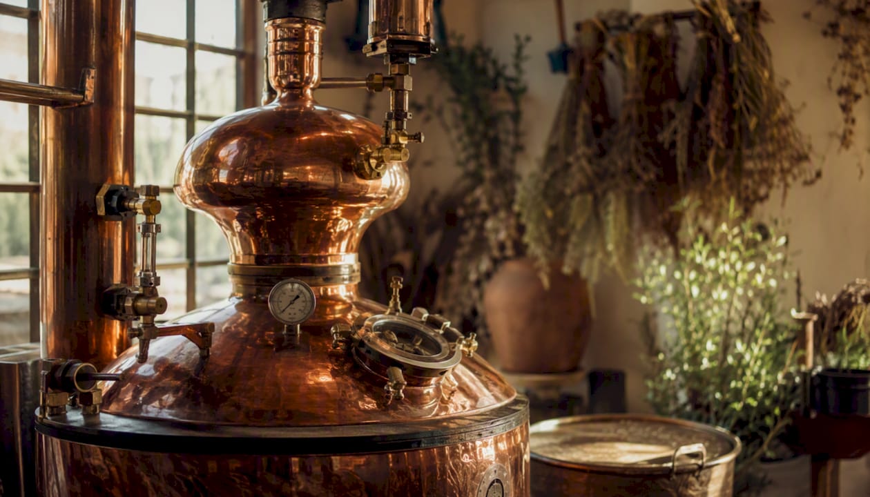 Copper still distilling ethanol for perfume
