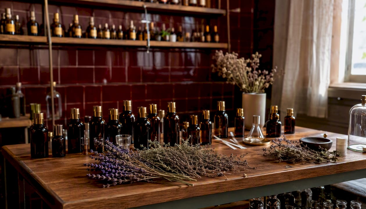Frascos de esencias y plantas aromáticas sobre la mesa del taller