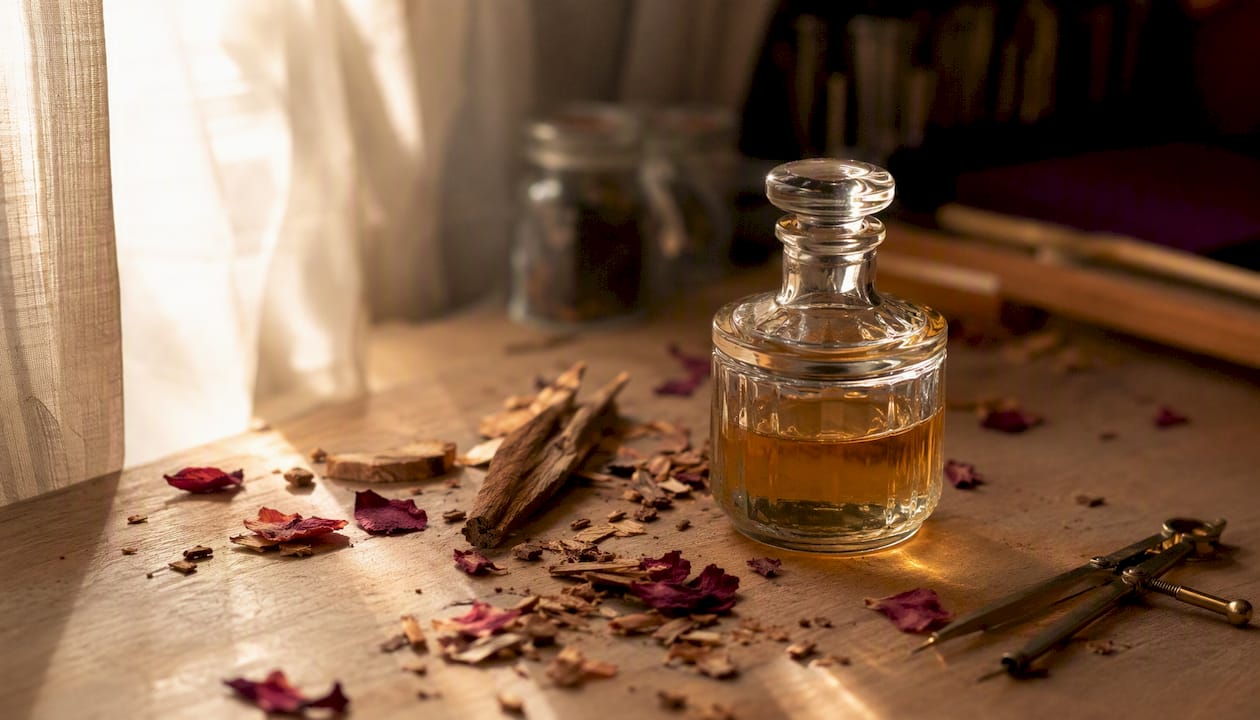 Detalle de jazmín seco y oud utilizados en la elaboración artesanal de perfumes