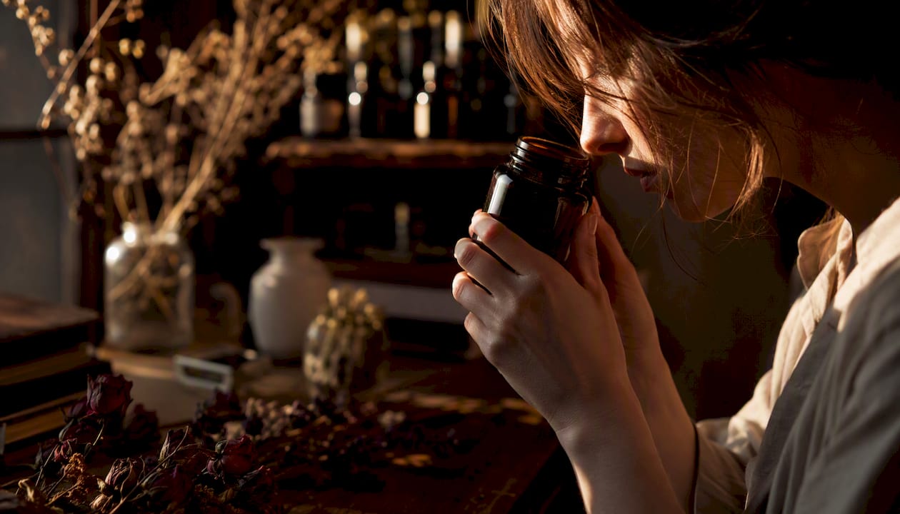 Unas manos sostienen un frasco de perfume mientras se aprecia su aroma frente a un reflejo.