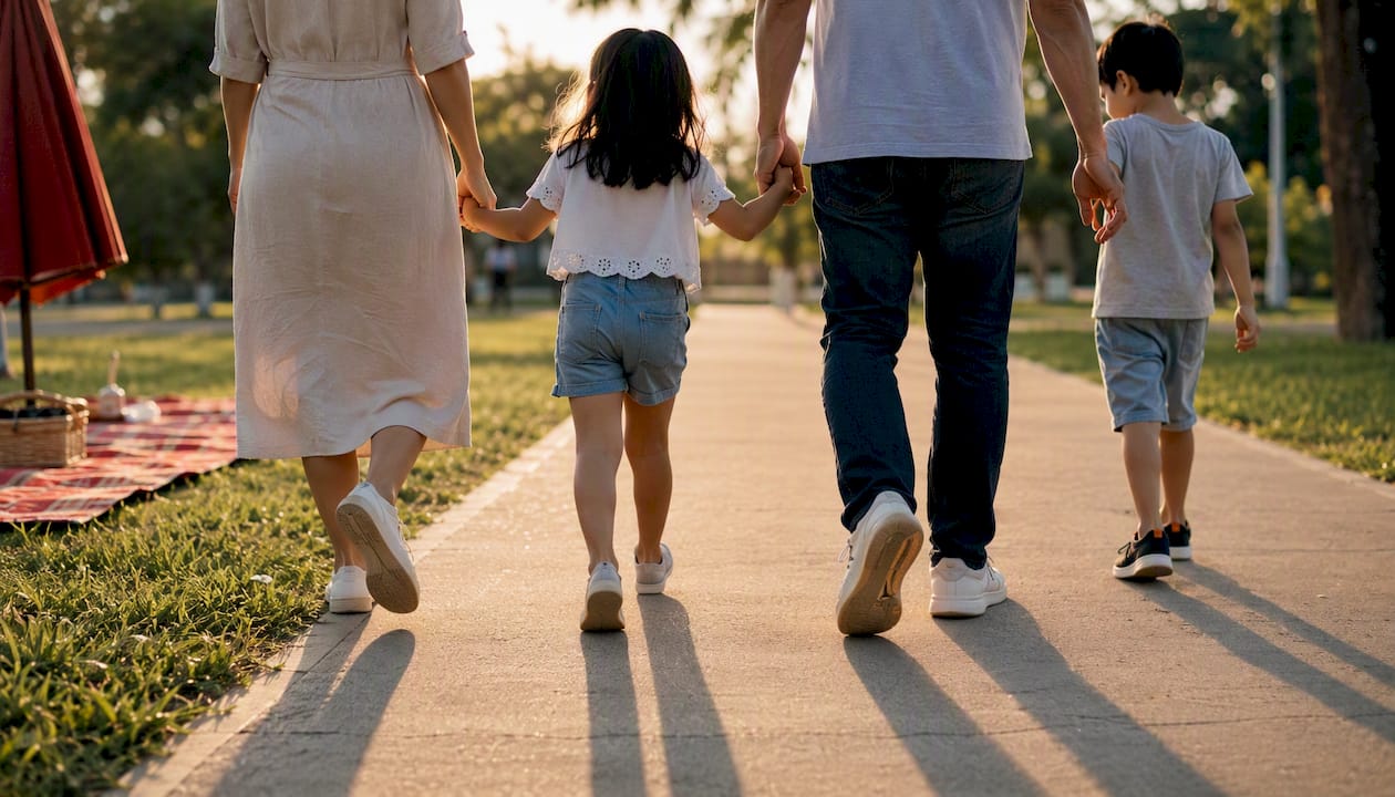 Family walking outdoors after meal