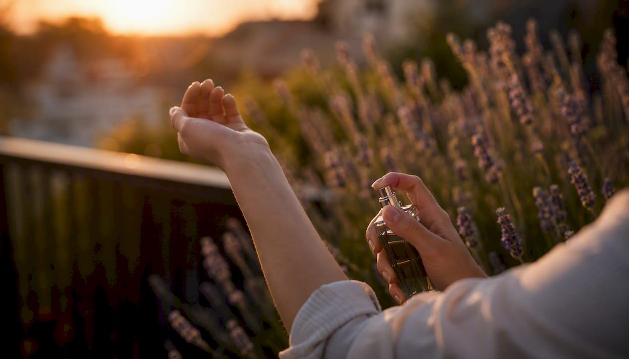 Una persona se aplica perfume en la muñeca mientras medita, buscando potenciar la experiencia con un aroma relajante.