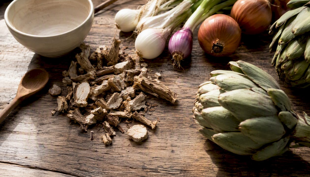 Prebiotic fiber rich raw ingredients on kitchen table