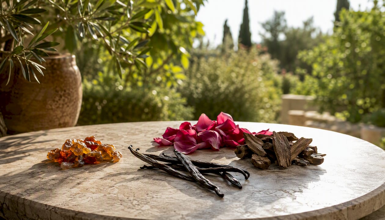 Ingredientes naturales para perfumes presentados sobre una superficie de pizarra negra