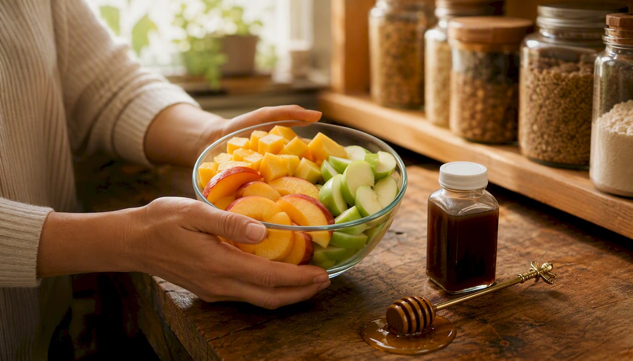 Hands holding bowl of fruit and sugar representing absorption differences