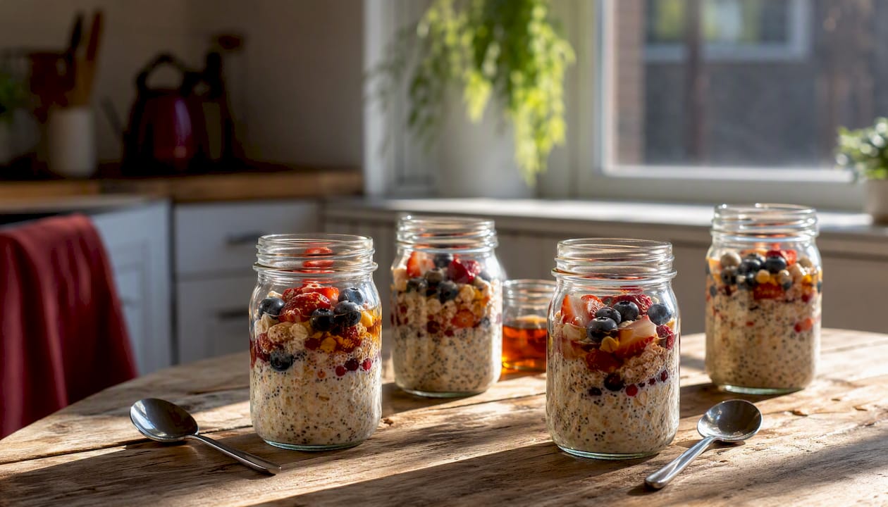 Batch-prepped overnight oats with fruit and syrup drizzle