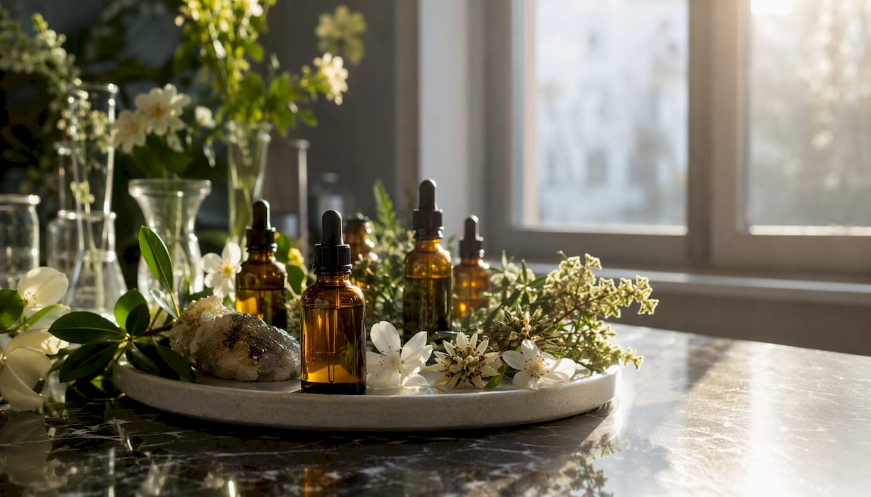 Composición de ingredientes botánicos naturales y elementos propios de la química de los perfumes