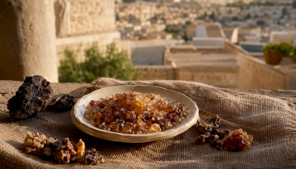 Amber resin granules in ceramic bowl