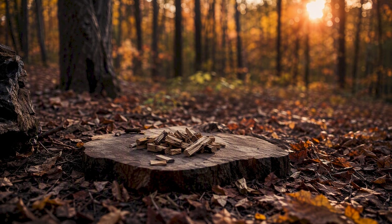 Cedar leaves and sandalwood chips in autumn light
