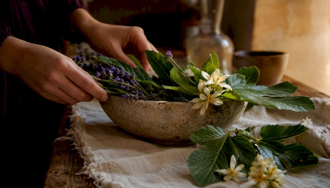 Mediterranean botanical perfume ingredients on table