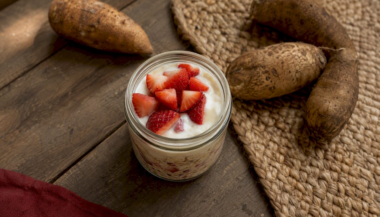 Jar of overnight oats with yogurt and berries