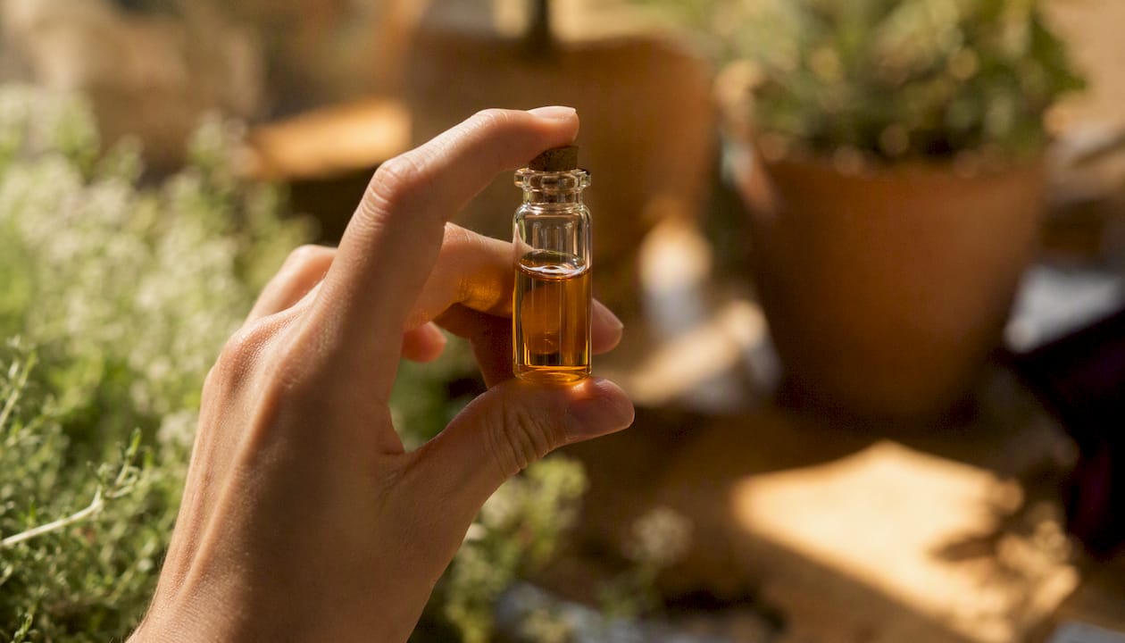 Hand holding perfume vial representing traceability