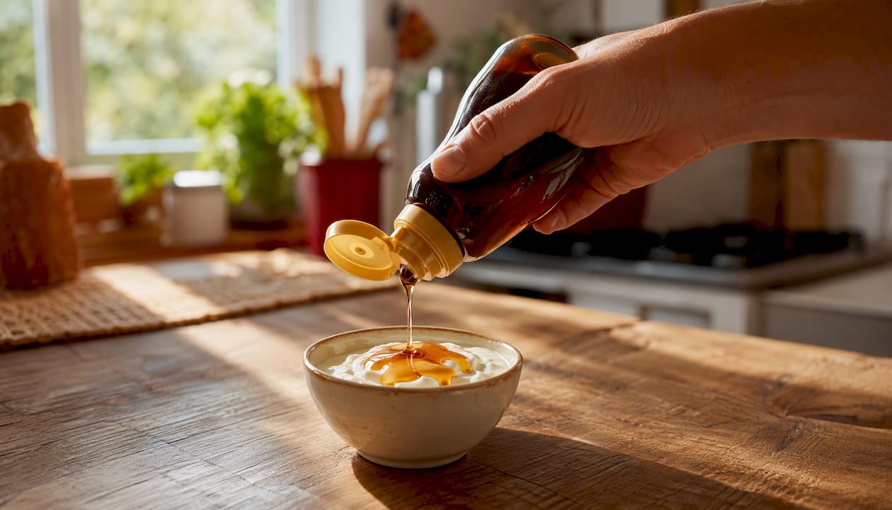 Pouring yacon syrup on yogurt