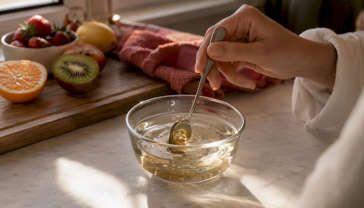 Warming agave syrup in spoon over bowl