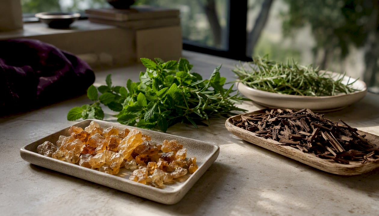 Cuencos llenos de ingredientes aromáticos cítricos y ambarinos, ideales para crear fragancias.