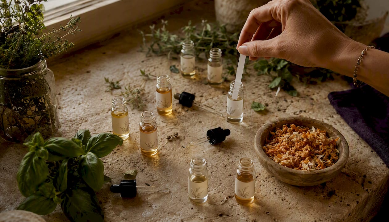 Hand dipping scent strip into natural perfume vial
