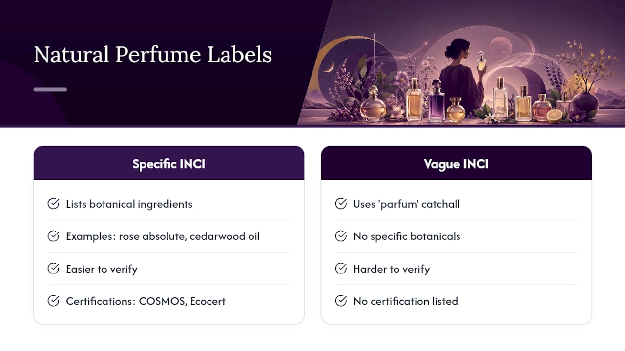 Infographic comparing natural perfume label ingredients and certifications
