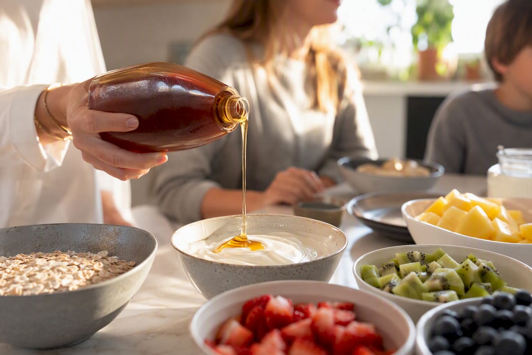 Pouring yacon syrup over breakfast bowl
