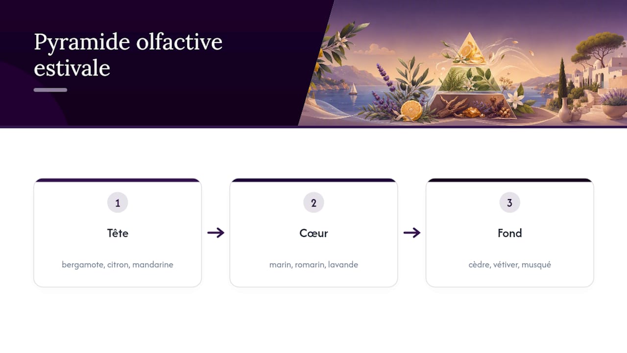 Schéma des différentes notes d’un parfum estival aux accents méditerranéens