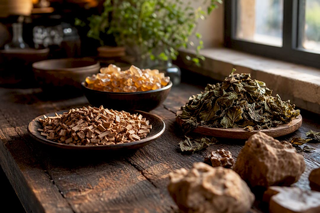 Ingredientes naturales para perfumes dispuestos sobre una mesa de madera