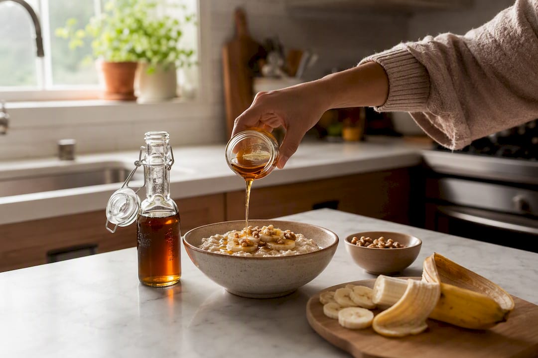 Oatmeal bowl with yacon syrup at breakfast