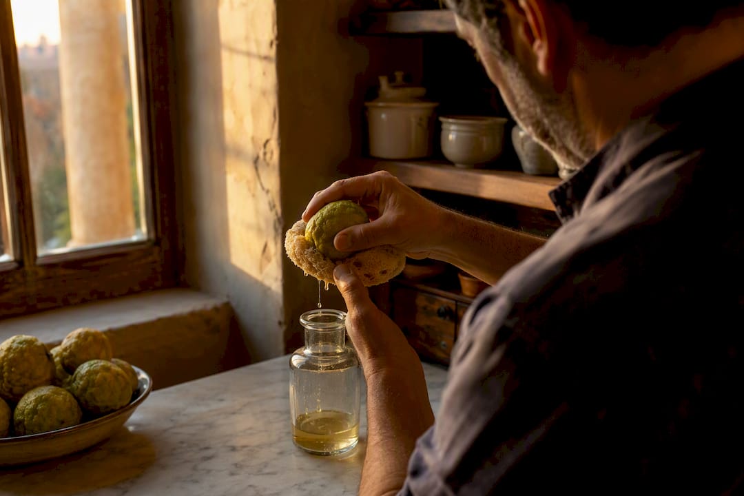 Extracción artesanal tradicional de aceite de bergamota