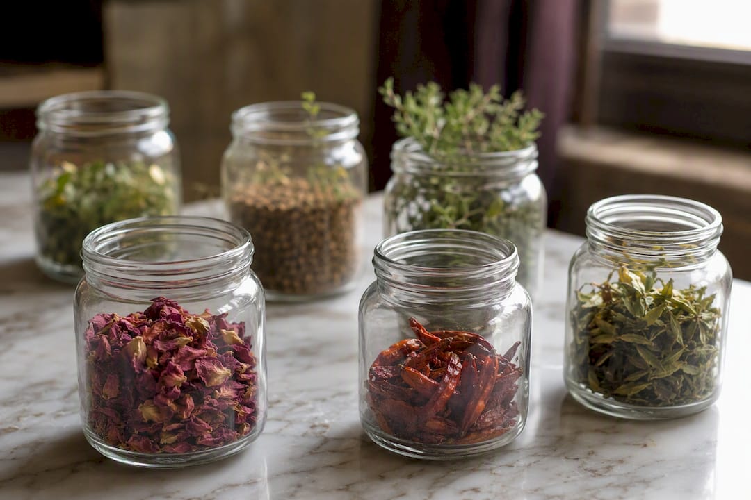 Frascos con materiales aromáticos para ejercicios