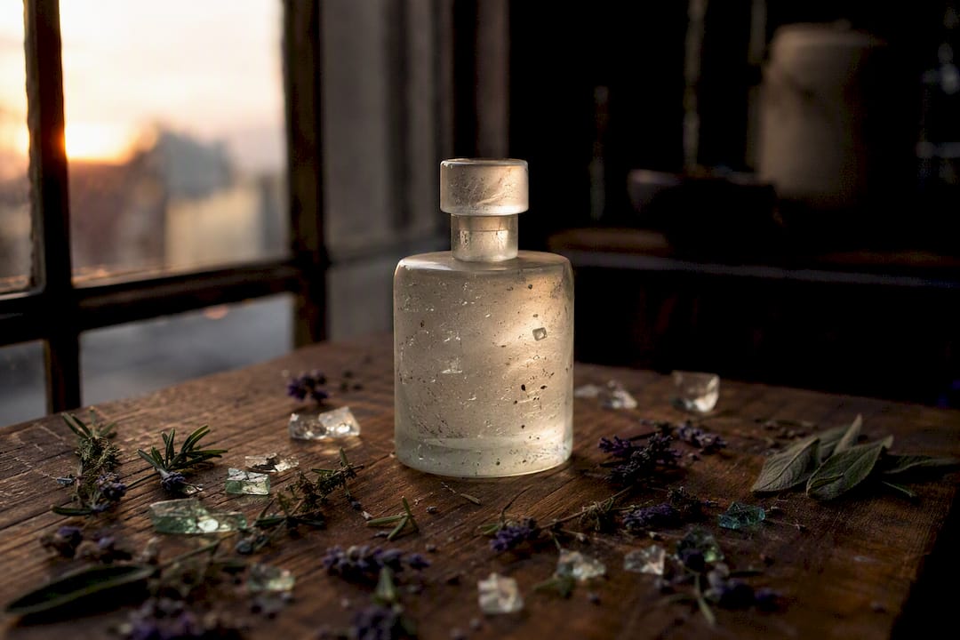 Frosted recycled glass perfume bottle detail