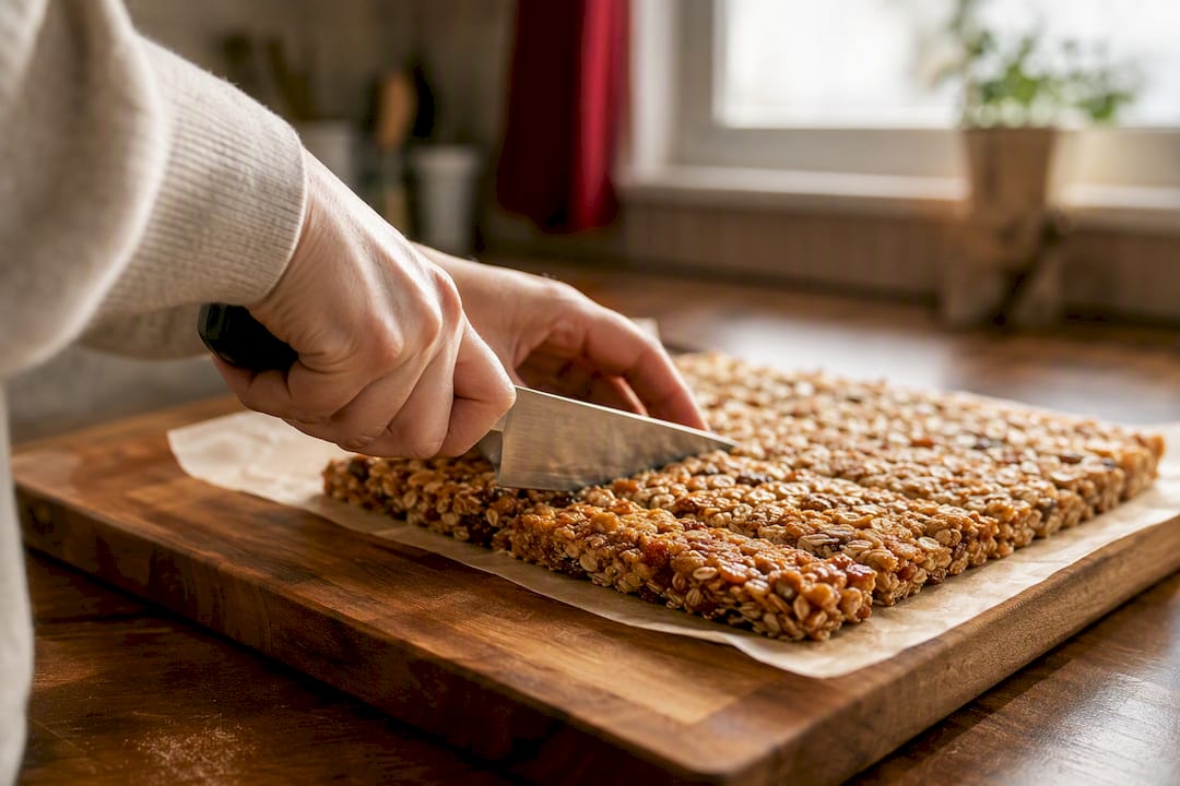 Hand cutting no-bake granola bars with hot knife