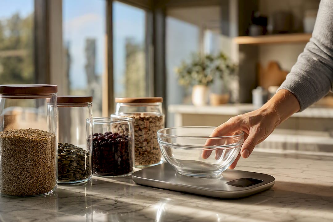Hand placing bowl on kitchen scale