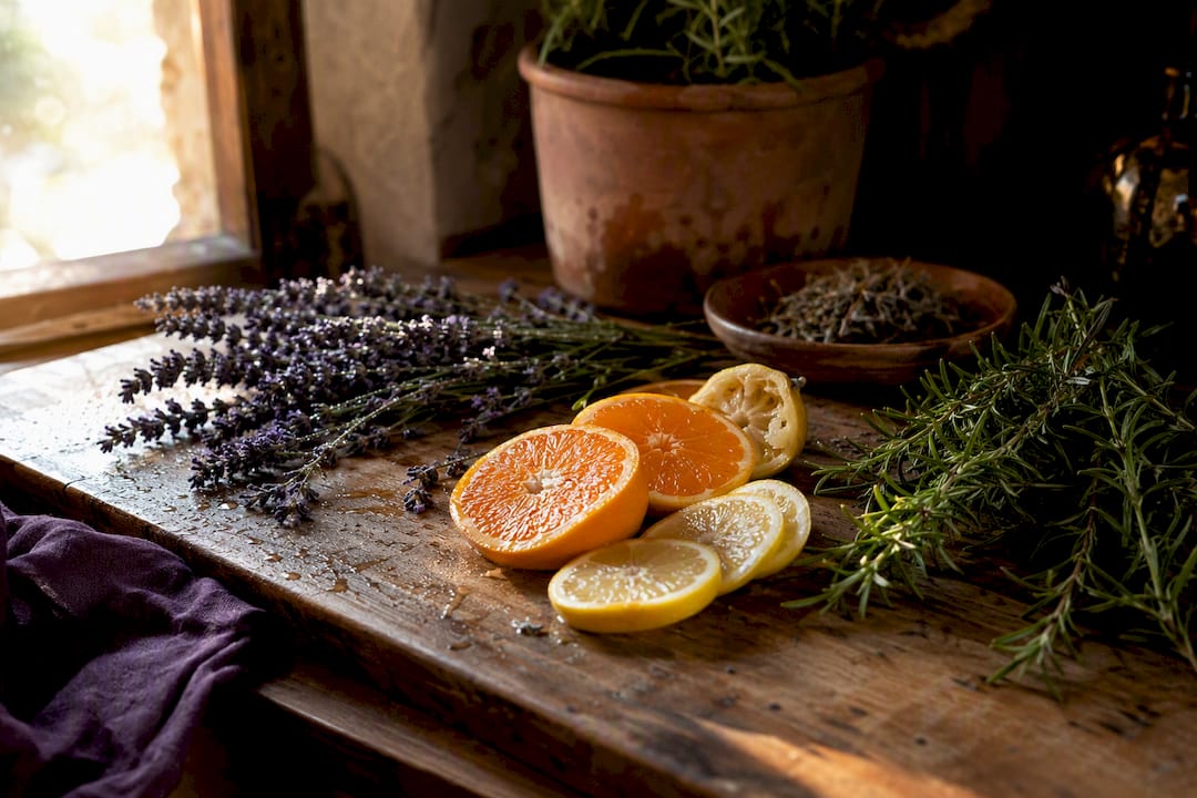 Citrus, lavender and rosemary on stone slab