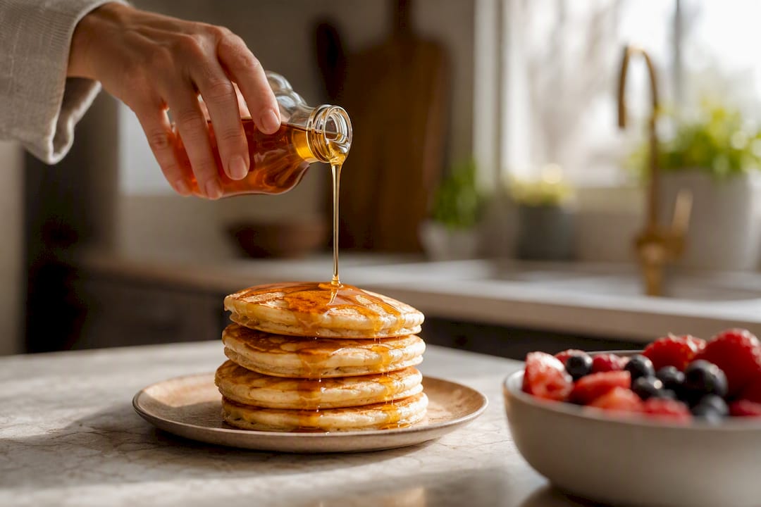 Hand drizzling yacon syrup on cooked pancakes