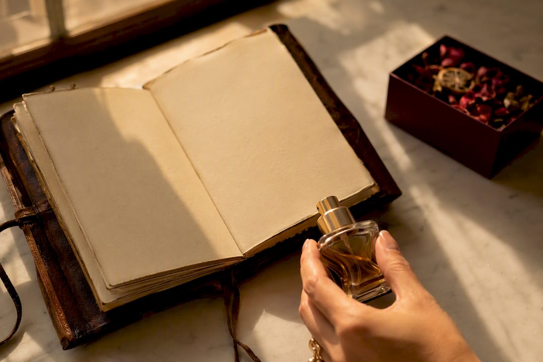 Cuaderno de cuero sobre mesa de madera con frasco de perfume