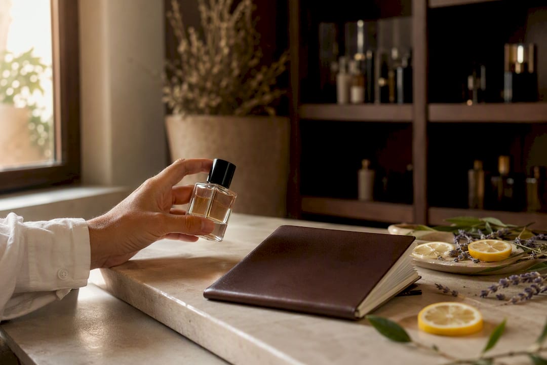Mano sosteniendo un frasco de perfume junto a un cuaderno en blanco