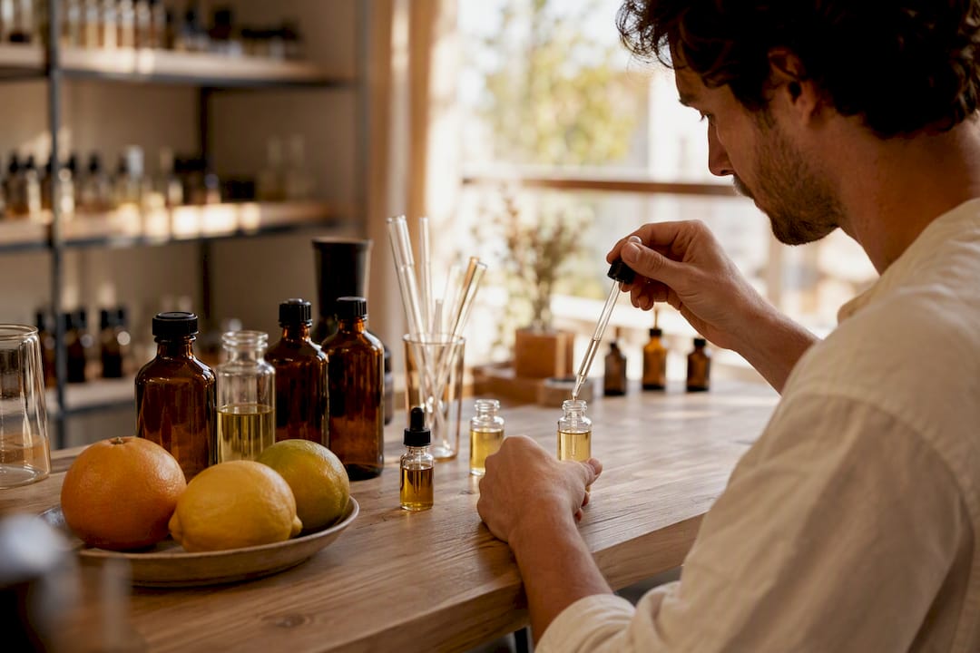 Mains mélangeant des huiles essentielles d'agrumes en atelier