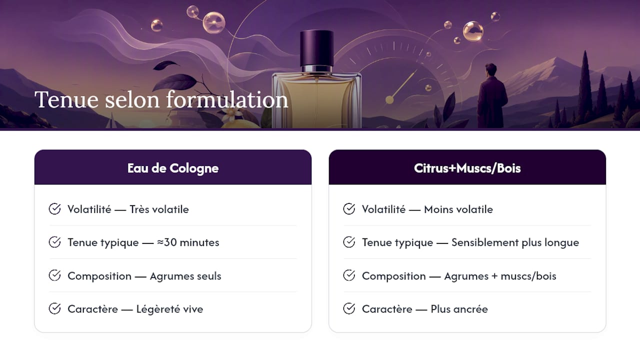 Schéma comparant la tenue d'un parfum d'agrumes avec et sans notes boisées/musquées