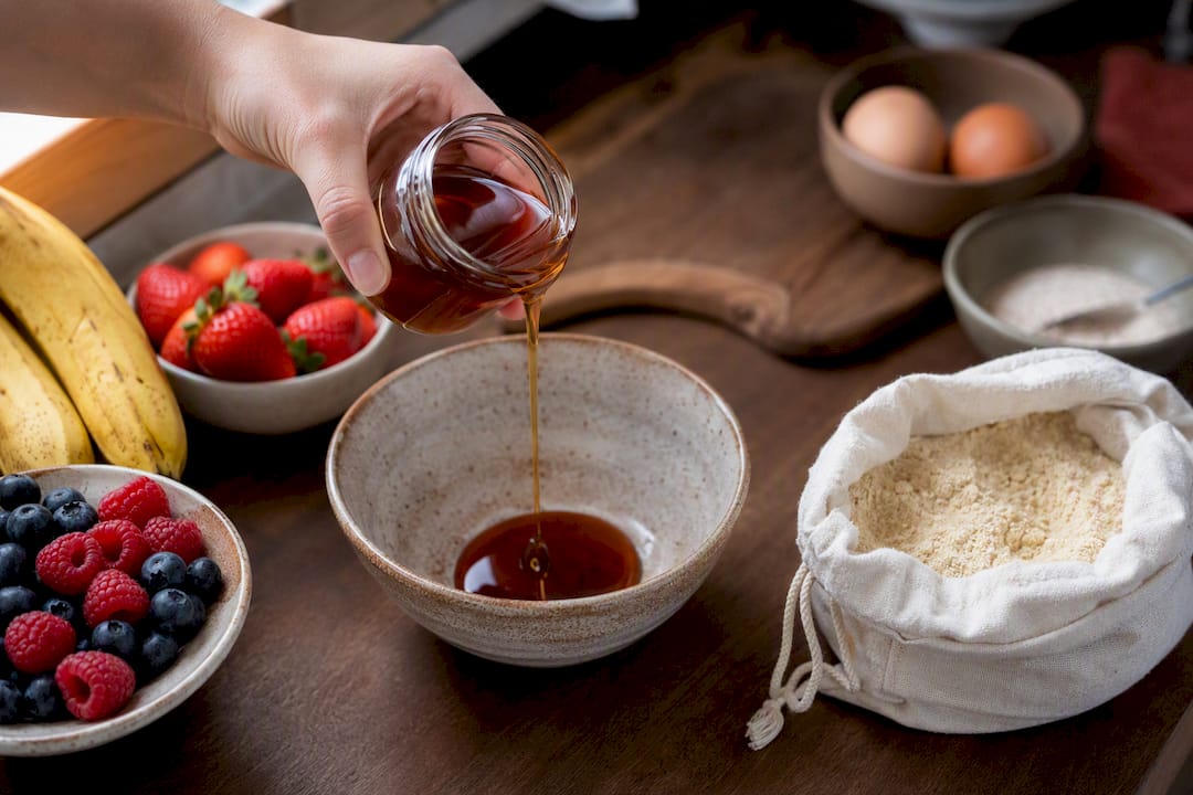 Hand pouring yacon syrup for baking