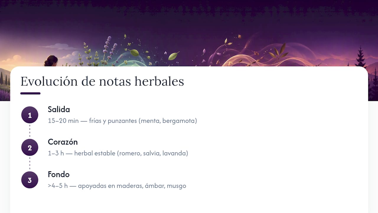 Diagrama de las notas herbales que evolucionan en la pirámide olfativa