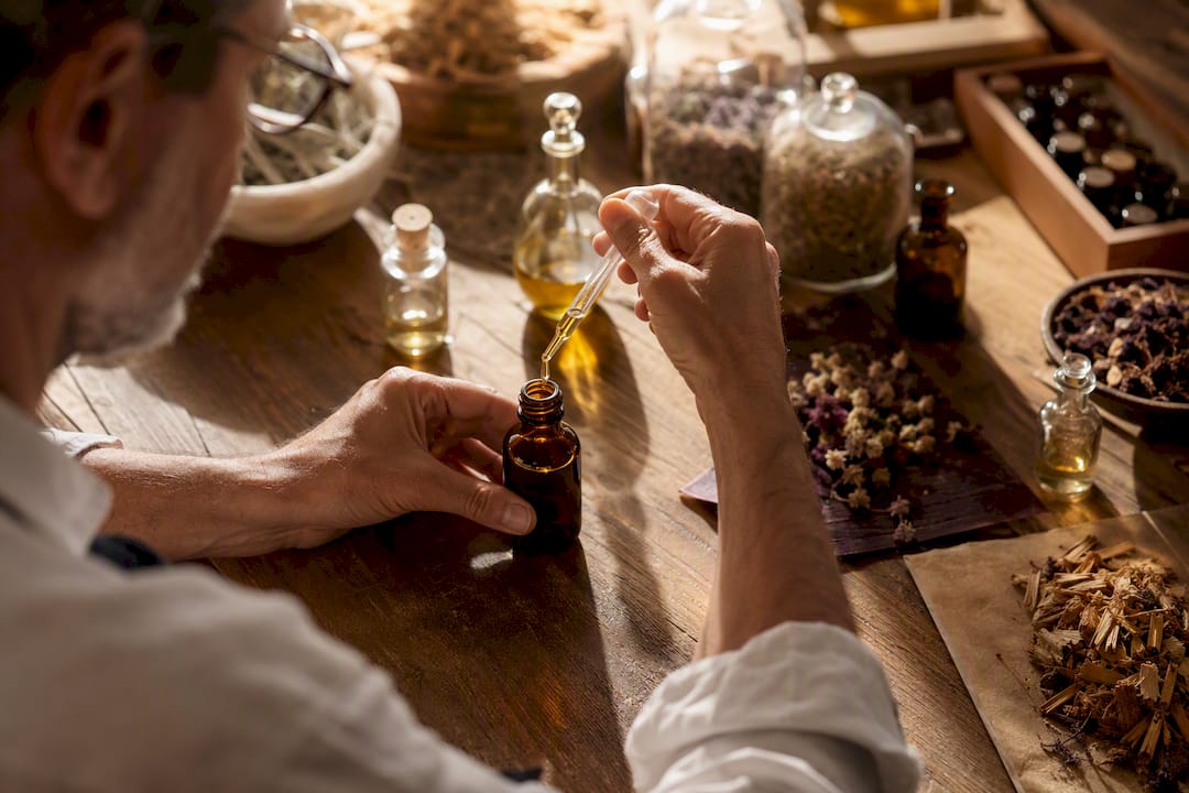 Mains mélangeant des huiles de résine dans un flacon en verre