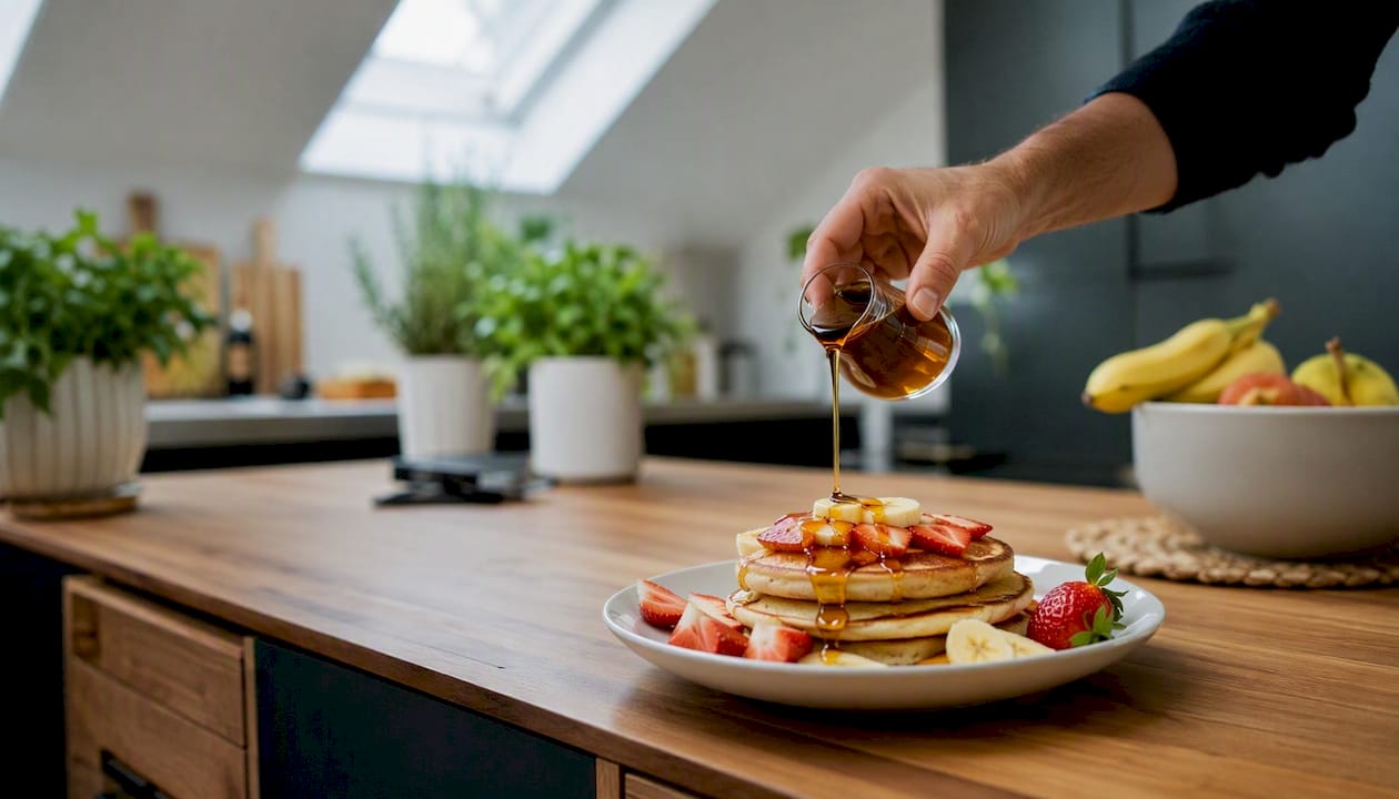 Hand drizzling yacon syrup on pancakes at breakfast