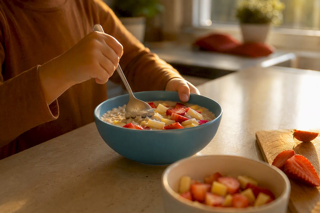 Child stirring oatmeal with fresh fruit toppings